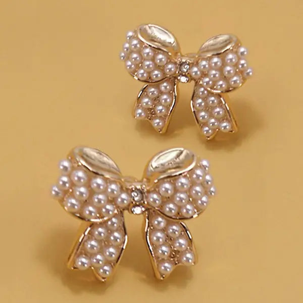 Mini Pearl Bow Ribbon Gold Earrings