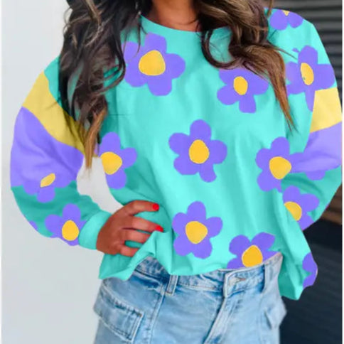 Floral Colorblock Long Sleeve Top Sky Blue